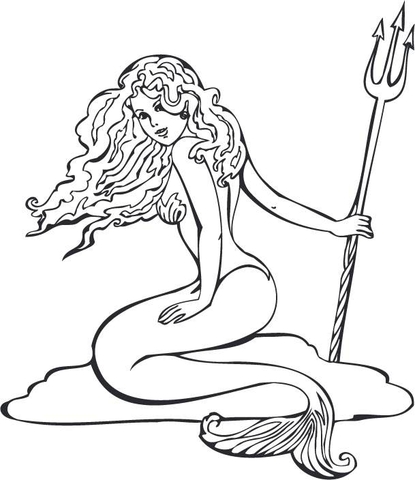 Mermaid Holding A Pitchfork Coloring Page